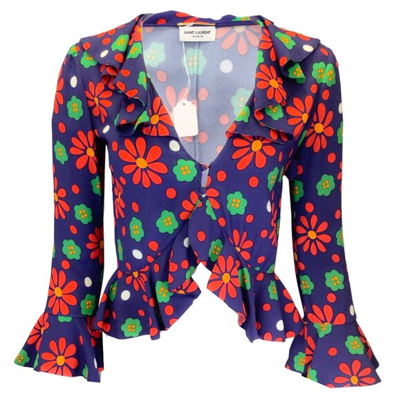 SAINT LAURENT BLUE ROUGE VERT RUFFLED FLORAL PRINTED CREPE BLOUSE - Picture 1 of 6